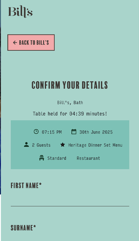 Bill's Restaurant mobile view