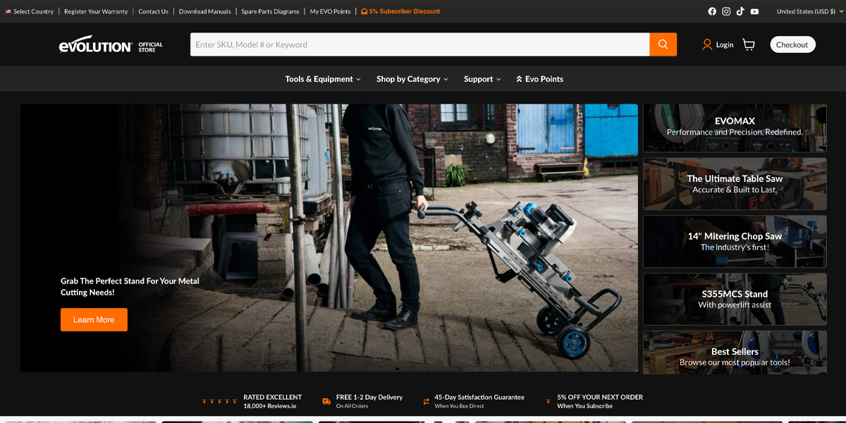 Evolution Power Tools desktop view